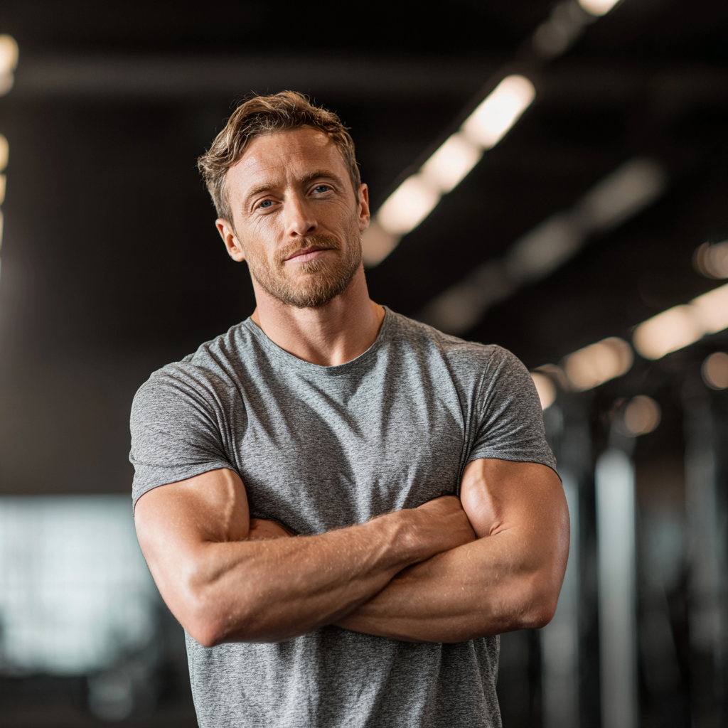 Confident athletic man in modern gym setting with professional lighting