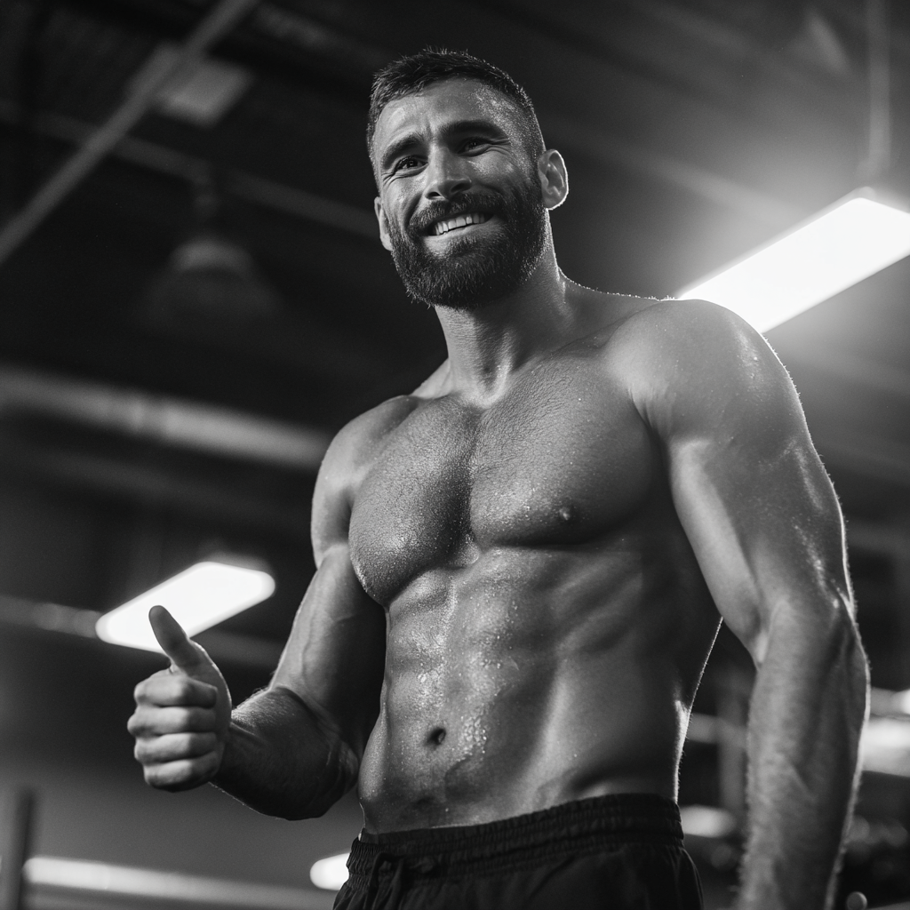 Motivated man after successful workout session showing confidence and achievement
