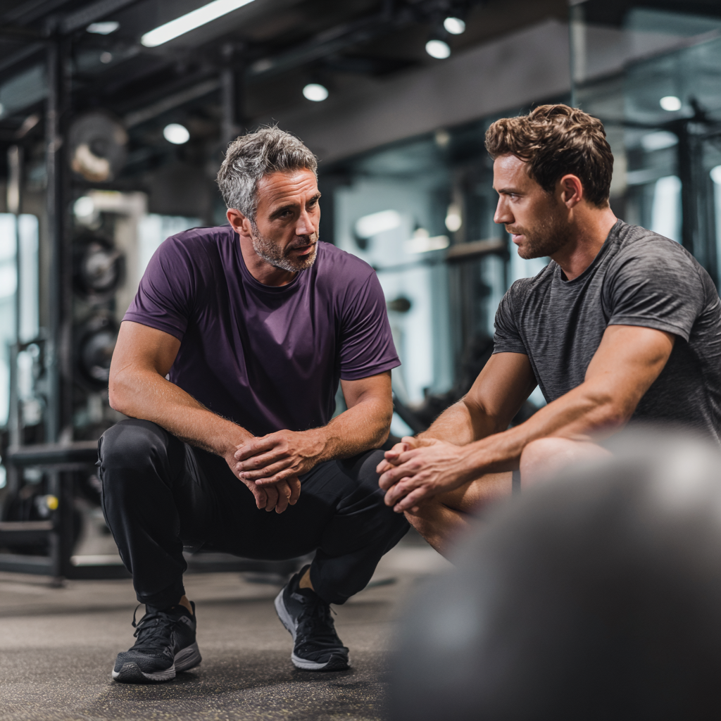 Professional fitness coach working with male client in modern training facility